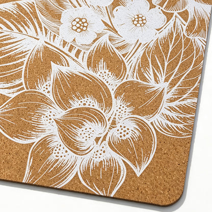 Corkvia Henna Mandala Print Cork Yoga Mat close-up, natural cork top texture with white floral henna print, eco friendly non slip cork yoga mat