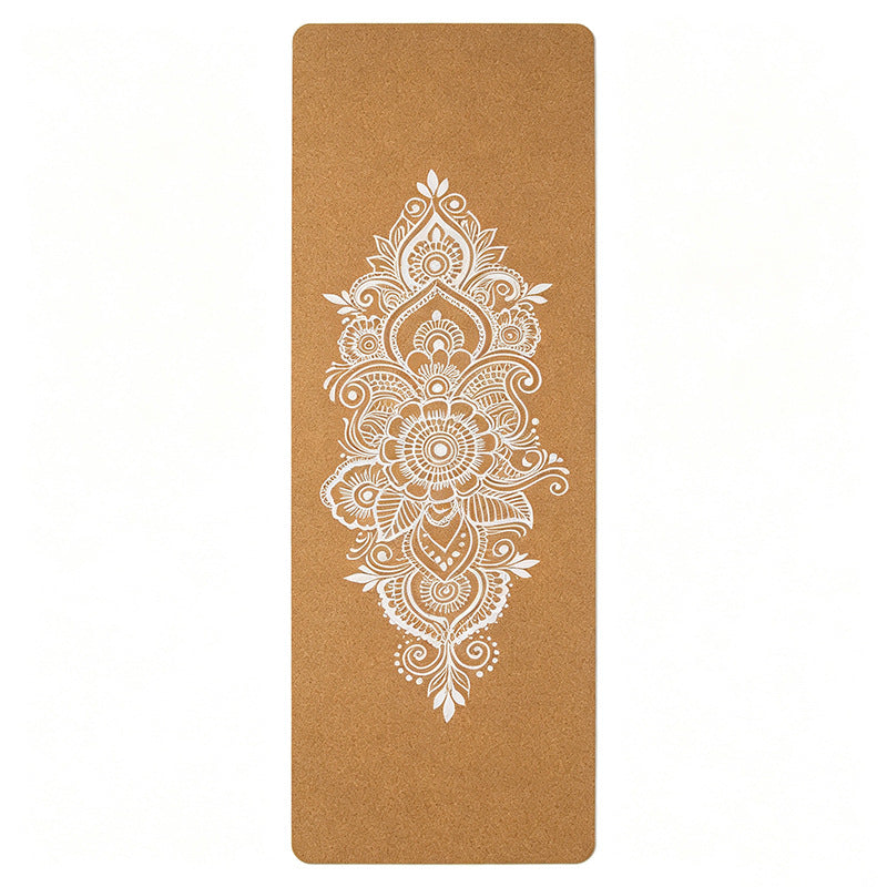Corkvia Center Henna Mehndi Mandala Print Cork Yoga Mat, natural cork top natural rubber base eco friendly non slip yoga mat for hot yoga meditation
