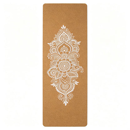 Corkvia Center Henna Mehndi Mandala Print Cork Yoga Mat, natural cork top natural rubber base eco friendly non slip yoga mat for hot yoga meditation